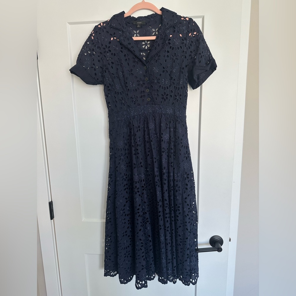 J. Crew Navy Embroidered Eyelet Midi Dress